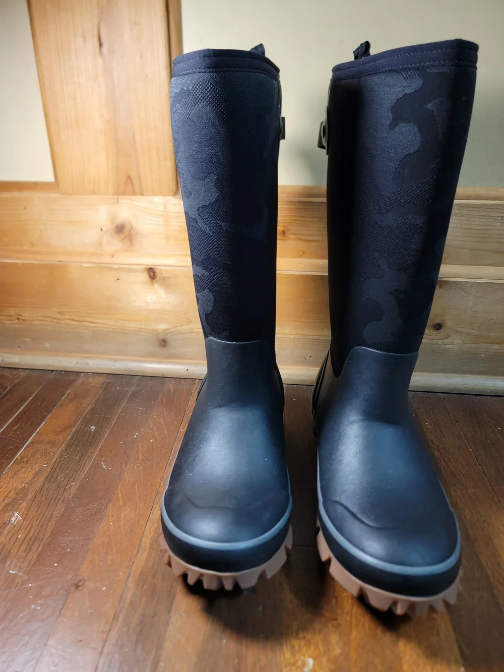 Bogs Black Tall Rain Boots with Brown Lug Sole